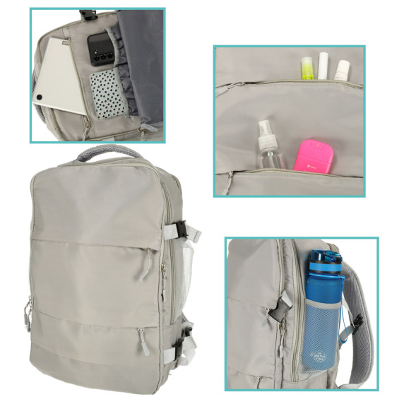 Cestovný batoh, príručná batožina do lietadla s otvorom pre USB kábel 45 x 16 x 28 cm - sivý