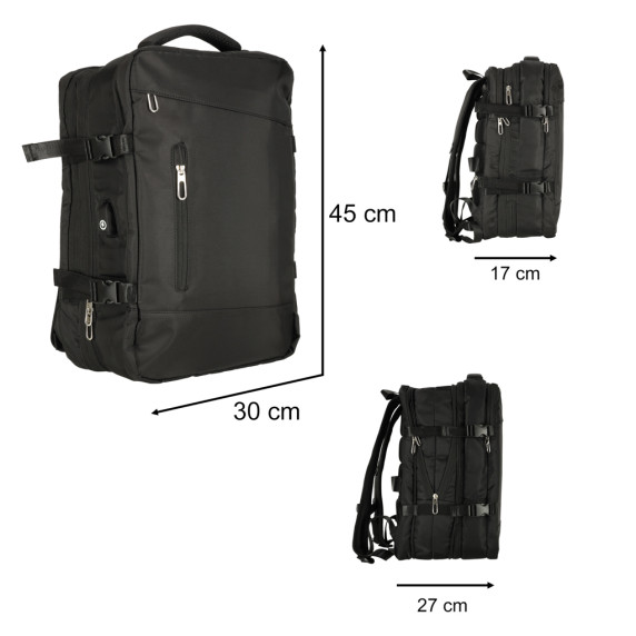 Cestovný batoh skladací s USB portom 26-36 l - čierny