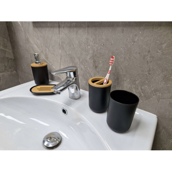 Sada kúpeľňových doplnkov 6 kusov - čierna/drevo