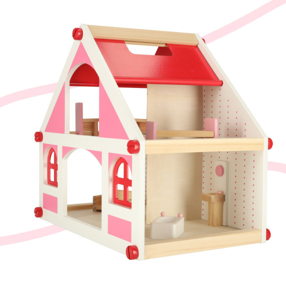 Drevený domček pre bábiky na skrutkovanie 36 cm - ružový/biely