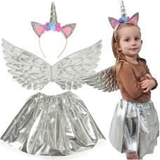 Detský kostým jednorožca sukňa s krídlami a čelenkou Inlea4Fun - strieborný 