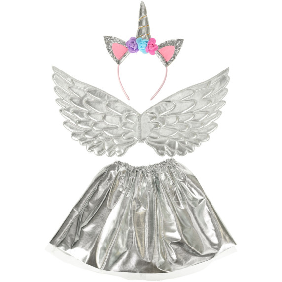 Detský kostým jednorožca sukňa s krídlami a čelenkou Inlea4Fun - strieborný