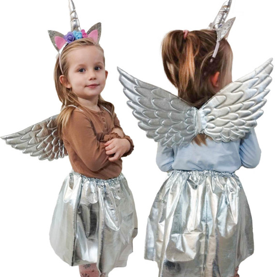 Detský kostým jednorožca sukňa s krídlami a čelenkou Inlea4Fun - strieborný