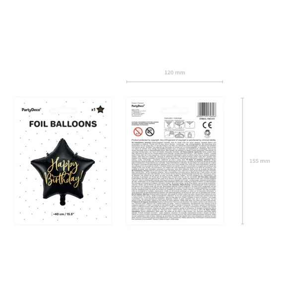 Fóliový balón v tvare hviezdy s nápisom Happy Birthday 40 cm - čierny