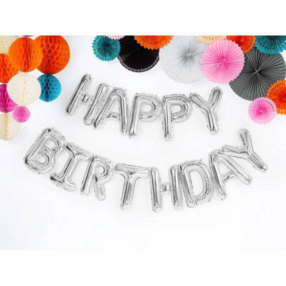 Fóliový balónik, nápis Happy birthday 340 x 35 cm - strieborný