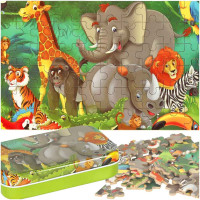 Drevené puzzle v kovovej krabičke 60 dielov - divoké zvieratá 