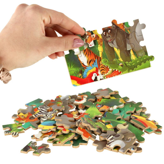 Drevené puzzle v kovovej krabičke 60 dielov - divoké zvieratá