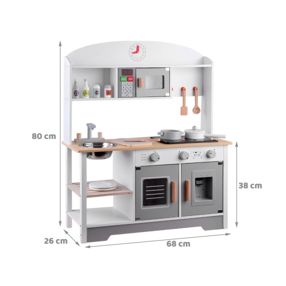 Detská drevená kuchynka s rúrou, chladničkou, mikrovlnkou a efektmi Inlea4Fun