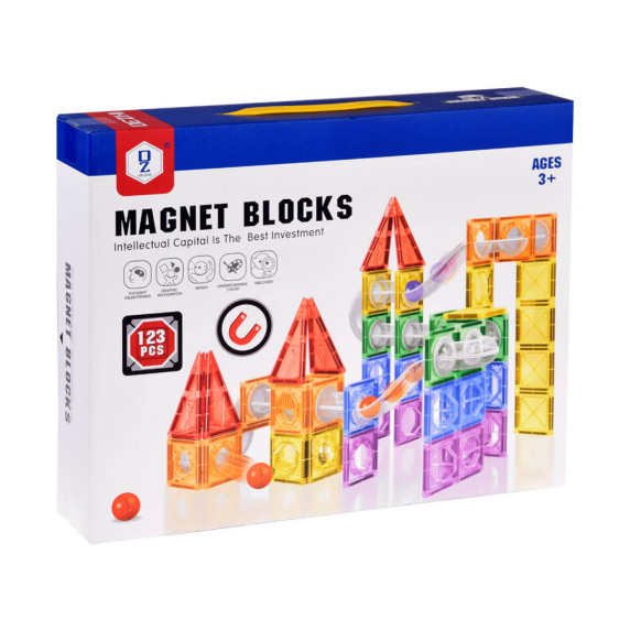Magnetická stavebnica 123 kusov Inlea4Fun MAGNET BLOCKS - guľôčková dráha 