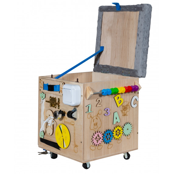 Úložný box na hračky, taburetka s edukačnými panelmi