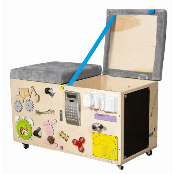 Truhlica na hračky, taburetka s edukačnými panelmi