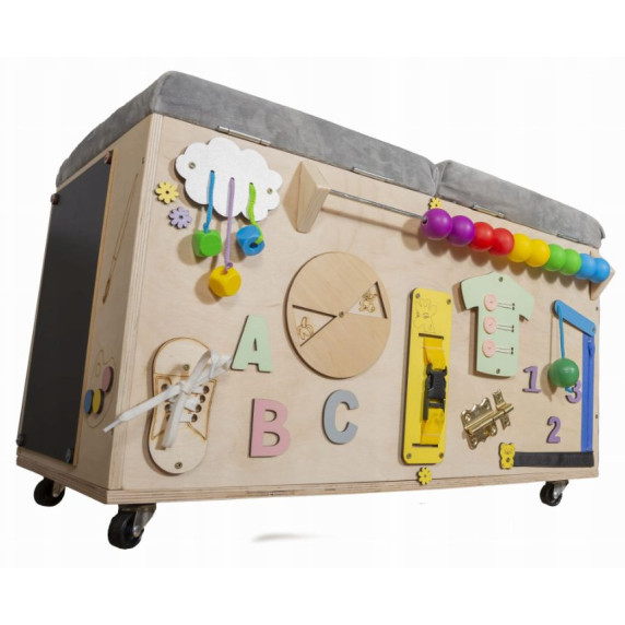 Truhlica na hračky, taburetka s edukačnými panelmi