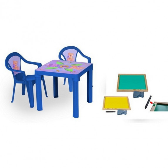 Inlea4Fun set - 2 stoličky + 1 stolík + dvojstranná drevená tabuľa - Modrá