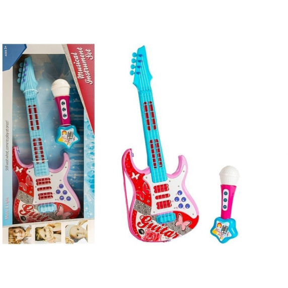 Elektrická gitara s mikrofónom Inlea4Fun - ružová/modrá