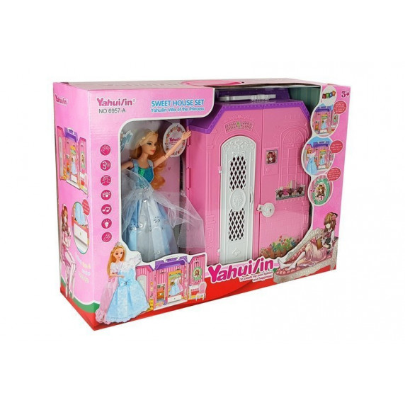 Domček pre bábiky so šatníkovou skriňou v kufríku s bábikou a doplnkami Inlea4Fun