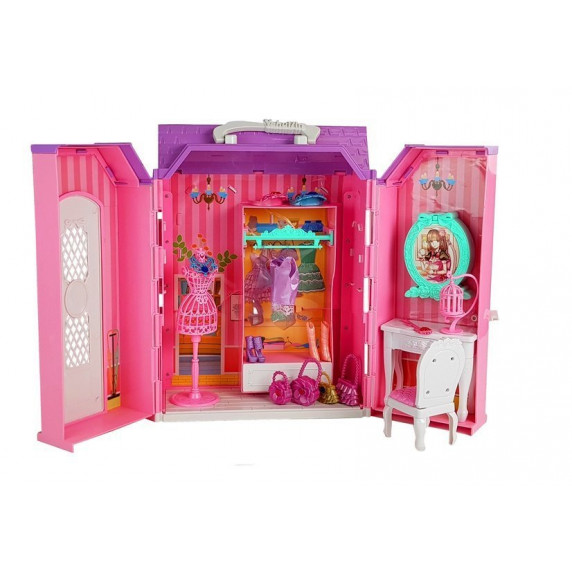 Domček pre bábiky so šatníkovou skriňou v kufríku s bábikou a doplnkami Inlea4Fun