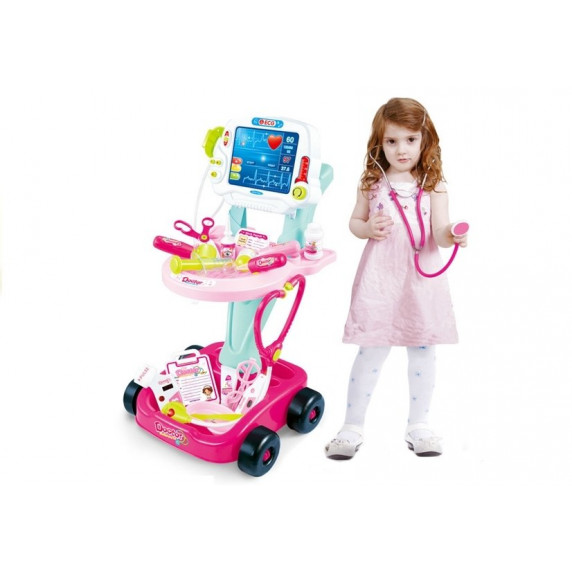 Detský lekársky vozík + 17 kusov príslušenstva Inlea4Fun DOCTOR MEDICAL PLAY SET - ružový