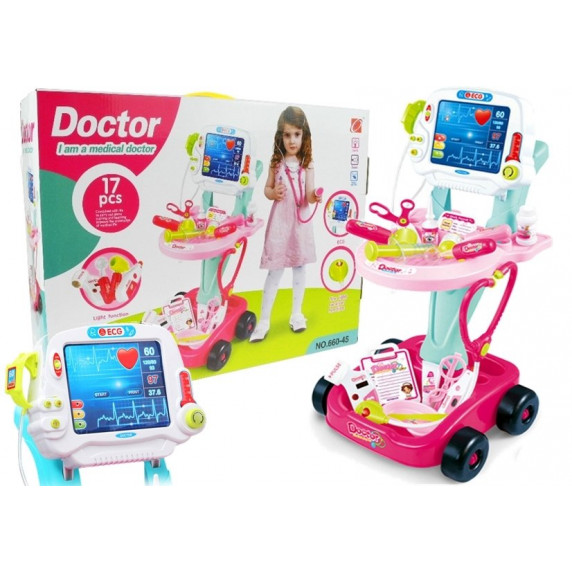 Detský lekársky vozík + 17 kusov príslušenstva Inlea4Fun DOCTOR MEDICAL PLAY SET - ružový