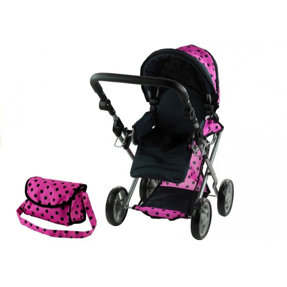 Detský kočík pre bábiky ALICA ružovo-čierny + taška