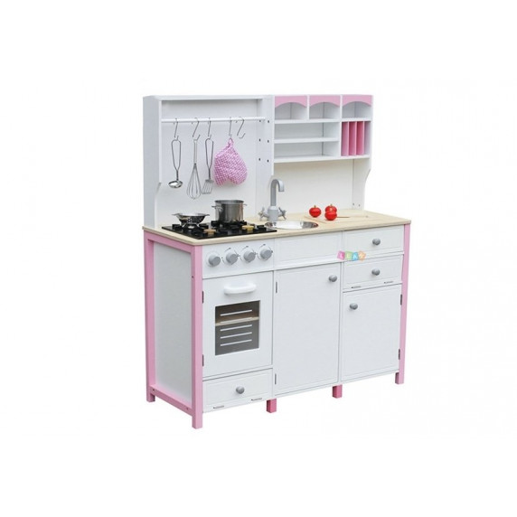 Detská drevená kuchyňa Inlea4Fun MERYS s príslušenstvami - ružová/biela