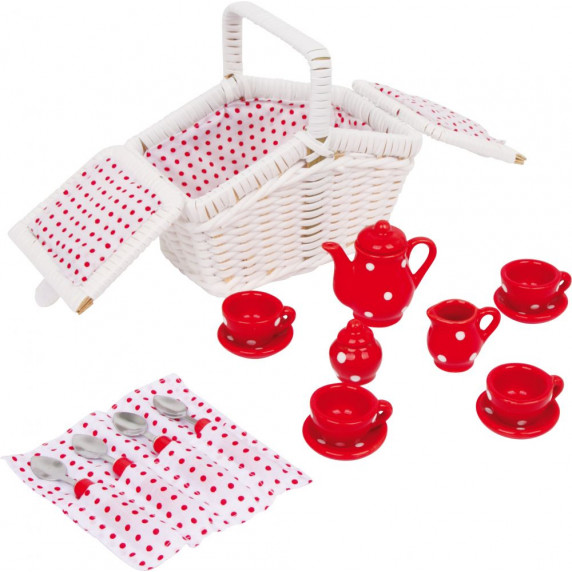 Detská čajová súprava s piknikovým košom - červená bodkovaná