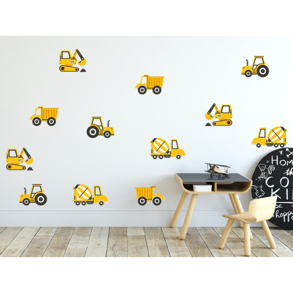 Dekorácia na stenu CONSTRUCTION VEHICLES 12 ks - Nákladné vozidlá - žlté