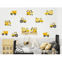 Dekorácia na stenu CONSTRUCTION VEHICLES 12 ks - Nákladné vozidlá - žlté 
