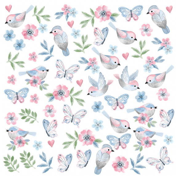 Dekorácia na stenu ANIMALS Birds - Vtáčiky s motýlikmi - pink