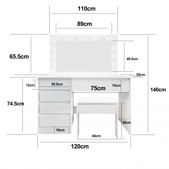 Toaletný stolík s LED osvetlením, 5 zásuvkami a taburetkou Aga MRDT12-GW - lesklý biely