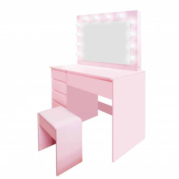 Toaletný stolík s LED osvetlením, 5 zásuvkami a taburetkou Aga MRDT12 - ružový