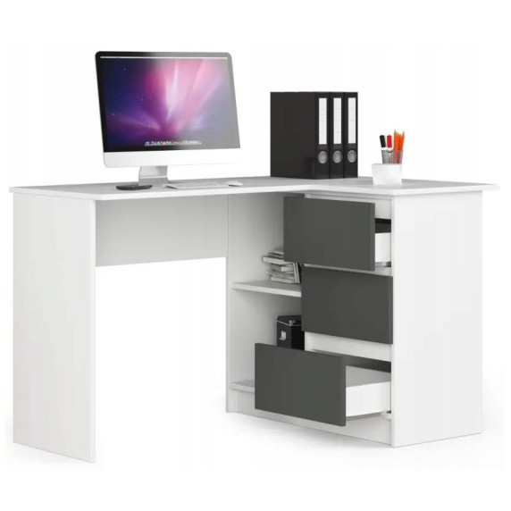 Rohový písací stôl pravý 124 x 85 x 77 cm AKORD CLP - biely/grafitovo sivý