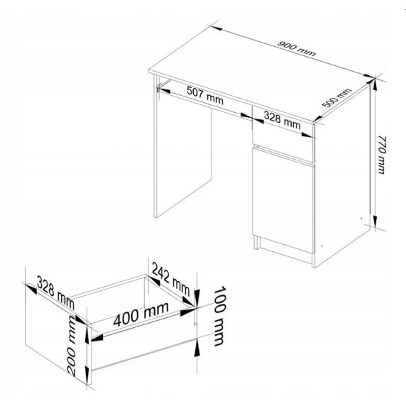 Písací stôl pravý 90 x 55 x 77 cm AKORD Pixel - biely/dub sonoma