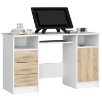 Písací stôl so zásuvkami, skrinkou a výsuvnou policou na klávesnicu 124 x 74 x 52 cm AKORD ANA - biely/dub sonoma 