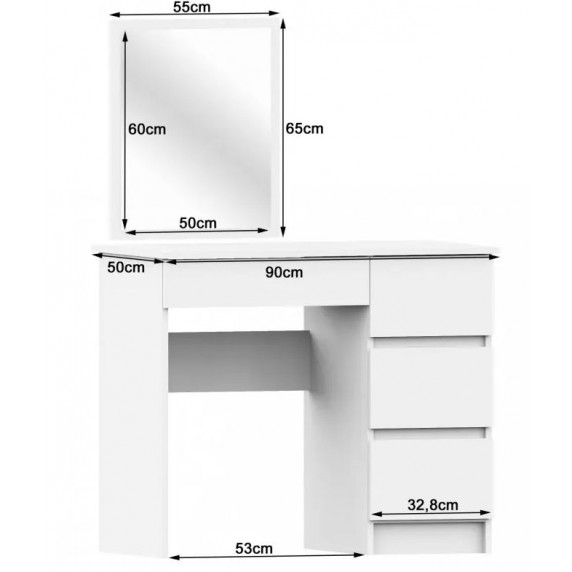 Toaletný stolík so 4 zásuvkami a zrkadlom pravý T-6/SL CLP - biely