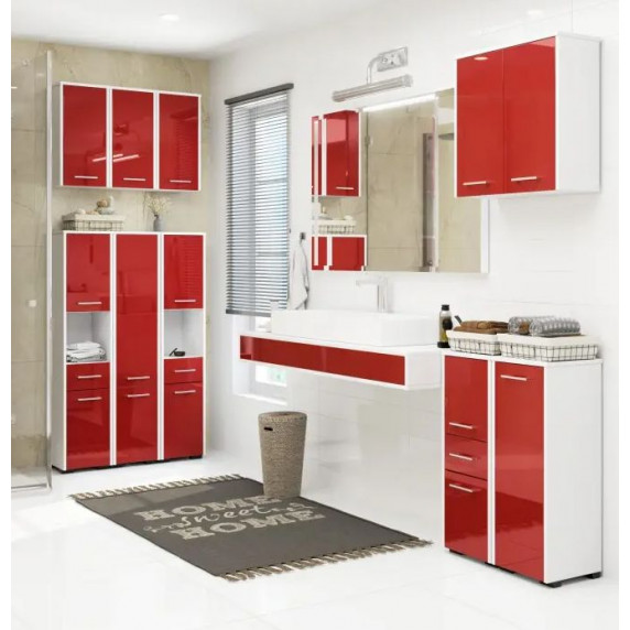 Kúpeľňová skrinka s vysokým leskom 85 cm AKORD FIN - biela/červená