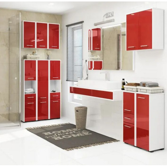 Kúpeľňová skrinka s vysokým leskom 140 cm AKORD FIN - biela/červená