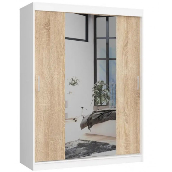 Šatníková skriňa s posuvnými dverami a zrkadlom 150 x 200 x 60 cm AKORD CLP - biela/dub sonoma
