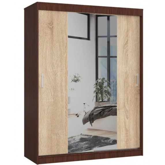 Šatníková skriňa s posuvnými dverami a zrkadlom 150 x 200 x 60 cm AKORD CLP - wenge/dub sonoma