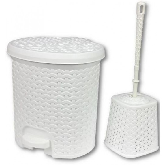 Nášľapný odpadkový kôš imitácia ratanu 5,5 l a WC kefa Inlea4Home - biela
