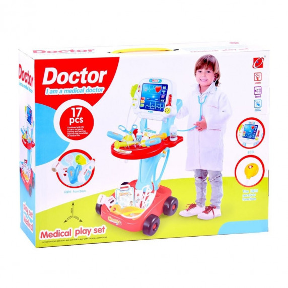Detský lekársky vozík + 17 kusov príslušenstva Inlea4Fun MEDICAL PLAY SET - červený