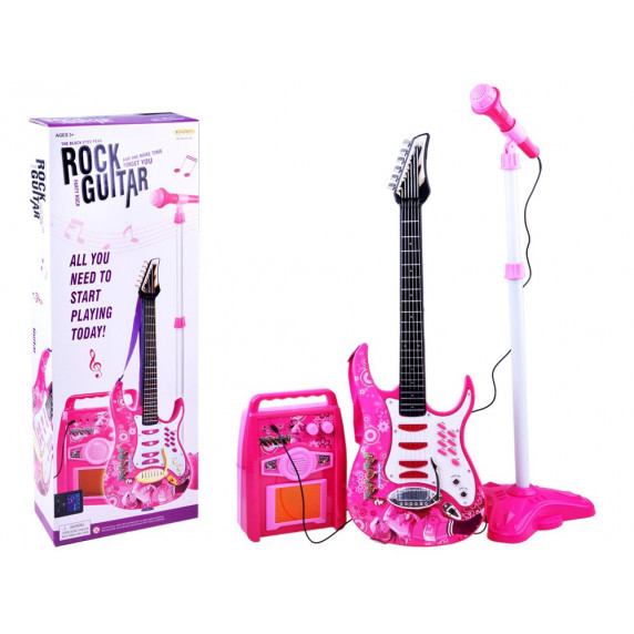 Elektrická gitara s mikrofónom a zosilňovačom Inlea4Fun - ružová
