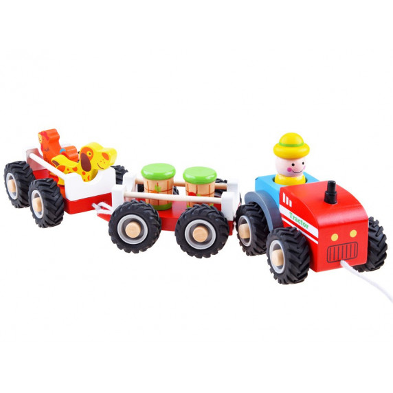 Drevený traktor s prívesom a figúrkami Inlea4Fun WOODEN TRACTOR