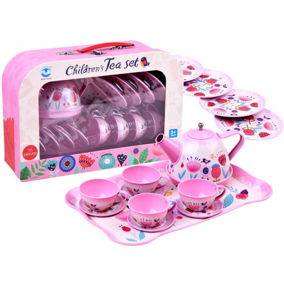 Detská čajová súprava s 14 doplnkami Inlea4Fun CHILDREN´S TEA SET  - ružová s kvetinkami