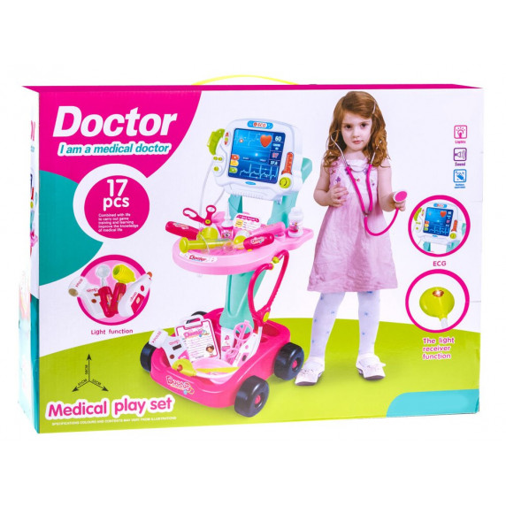 Detský lekársky vozík + 17 kusov príslušenstva Inlea4Fun MEDICAL PLAY SET - ružový
