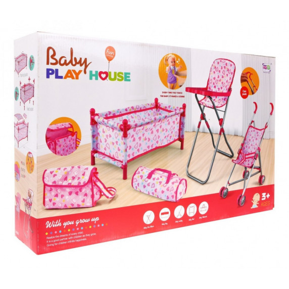 Postieľka pre bábiky s jedálenskou stoličkou a kočíkom Inlea4Fun BABY PLAY HOUSE