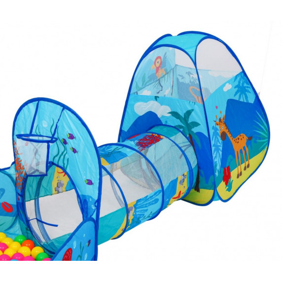 Inlea4Fun TENT INTERESTING Detský hrací stan so spojovacím tunelom, suchým bazénom a loptičkami