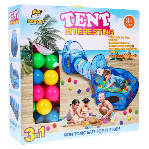 Detský hrací stan so spojovacím tunelom, suchým bazénom a loptičkami Inlea4Fun TENT INTERESTING